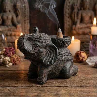 Porte-Encens Éléphant Noir Antique en Béton 14cm | Spiritualité & Méditation