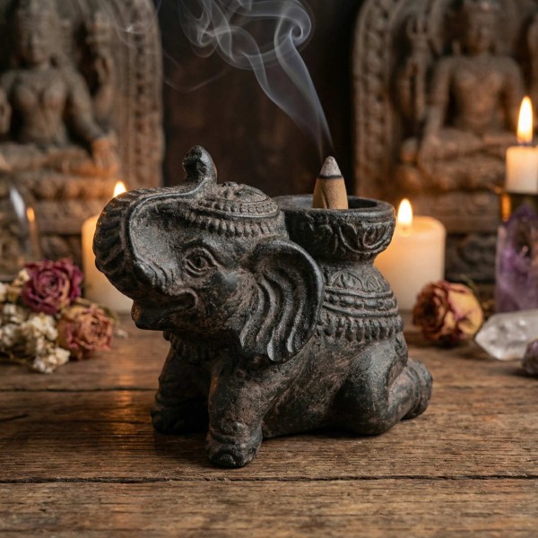 Porte-Encens Éléphant Noir Antique en Béton 14cm | Brûleur d'Encens Décoratif