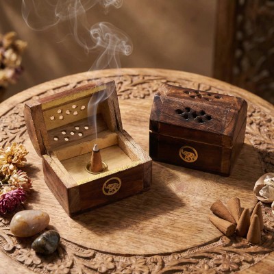Mini Boîte Brûleur Cônes d'Encens Bois Manguier | Artisanat Indien | Kana Pharma
