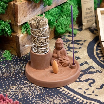 Plateau Encens Bouddha Céramique Terre Cuite - Porte-Encens Méditation | Kana Pharma