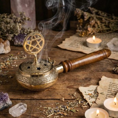 Encensoir Pentagramme Laiton et Bois | Brûleur Encens Traditionnel